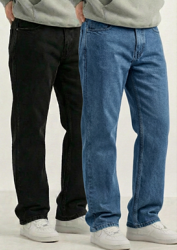 Men’s Essential Style Pack of 2 – Regular Fit Jeans (Black & Blue Combo)